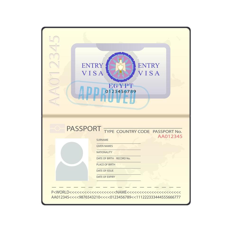 ilustración vectorial de un pasaporte con una visa egipcia aprobada. Visa de Egipto aislado sobre fondo blanco. aprobado. elemento de diseño sobre el tema del turismo en Egipto. ilustración vectorial vector
