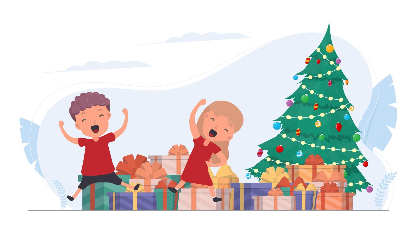 Happy children with gifts. Happy children, gift boxes, Christmas tree. Isolated. Vector. vector