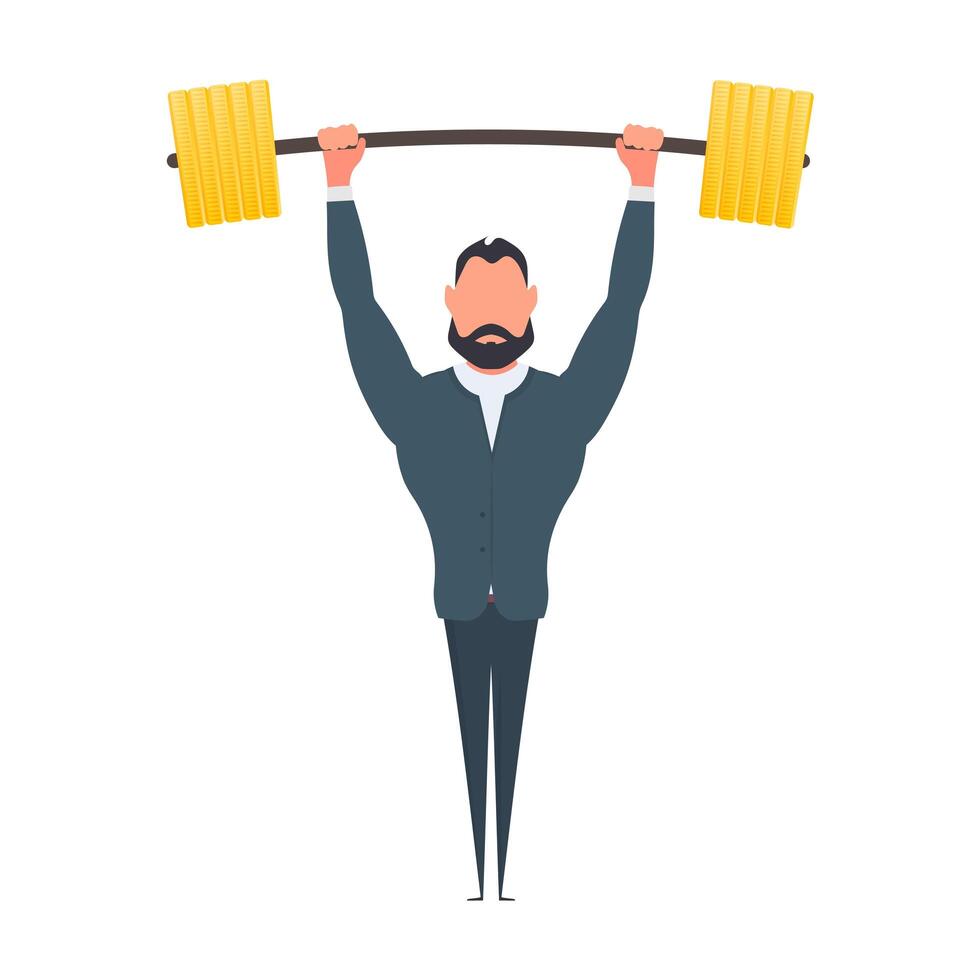 Businessman raises the barbell with gold coins. A man in a suit with a barbell. The concept of a successful business and revenue growth. Isolated. Vector. vector