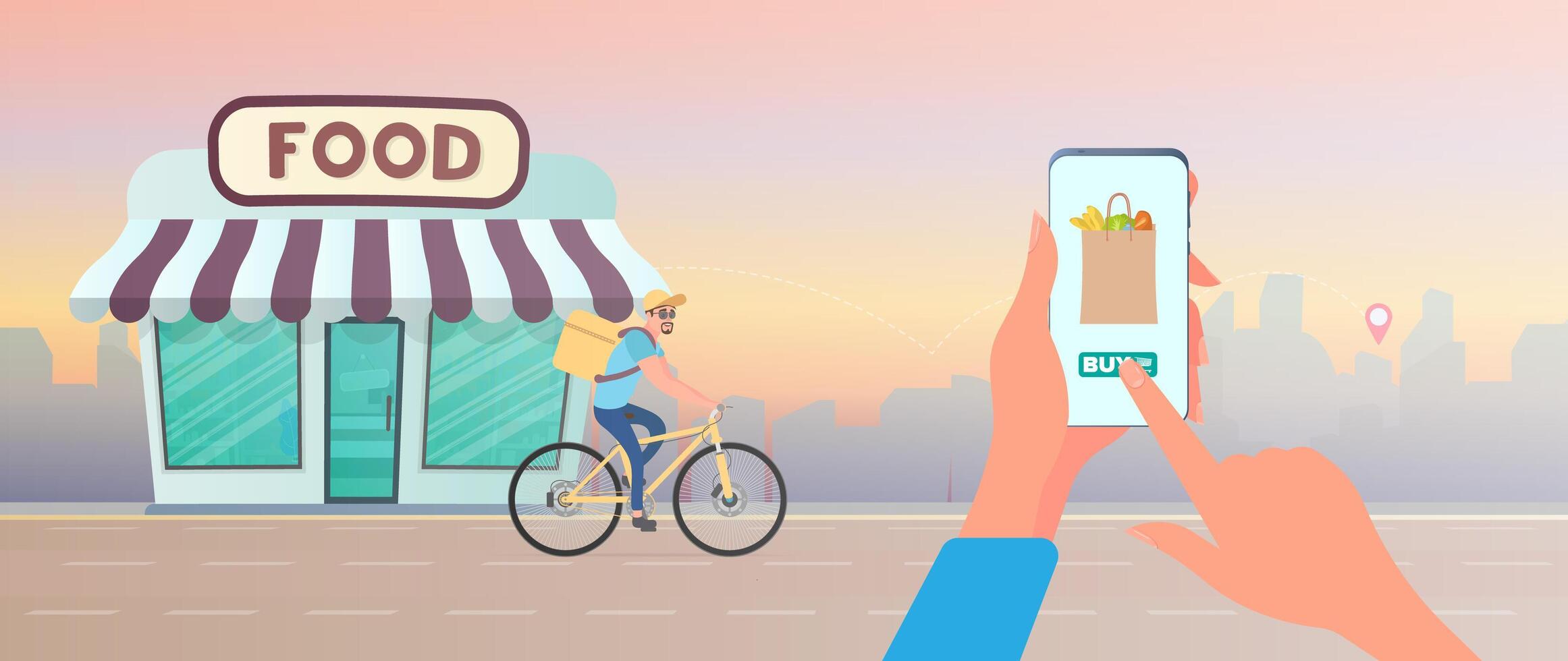 Order food at home. The guy is lucky to order food on a bicycle. Hand holds smartphone. Home delivery, delivery concept. . vector