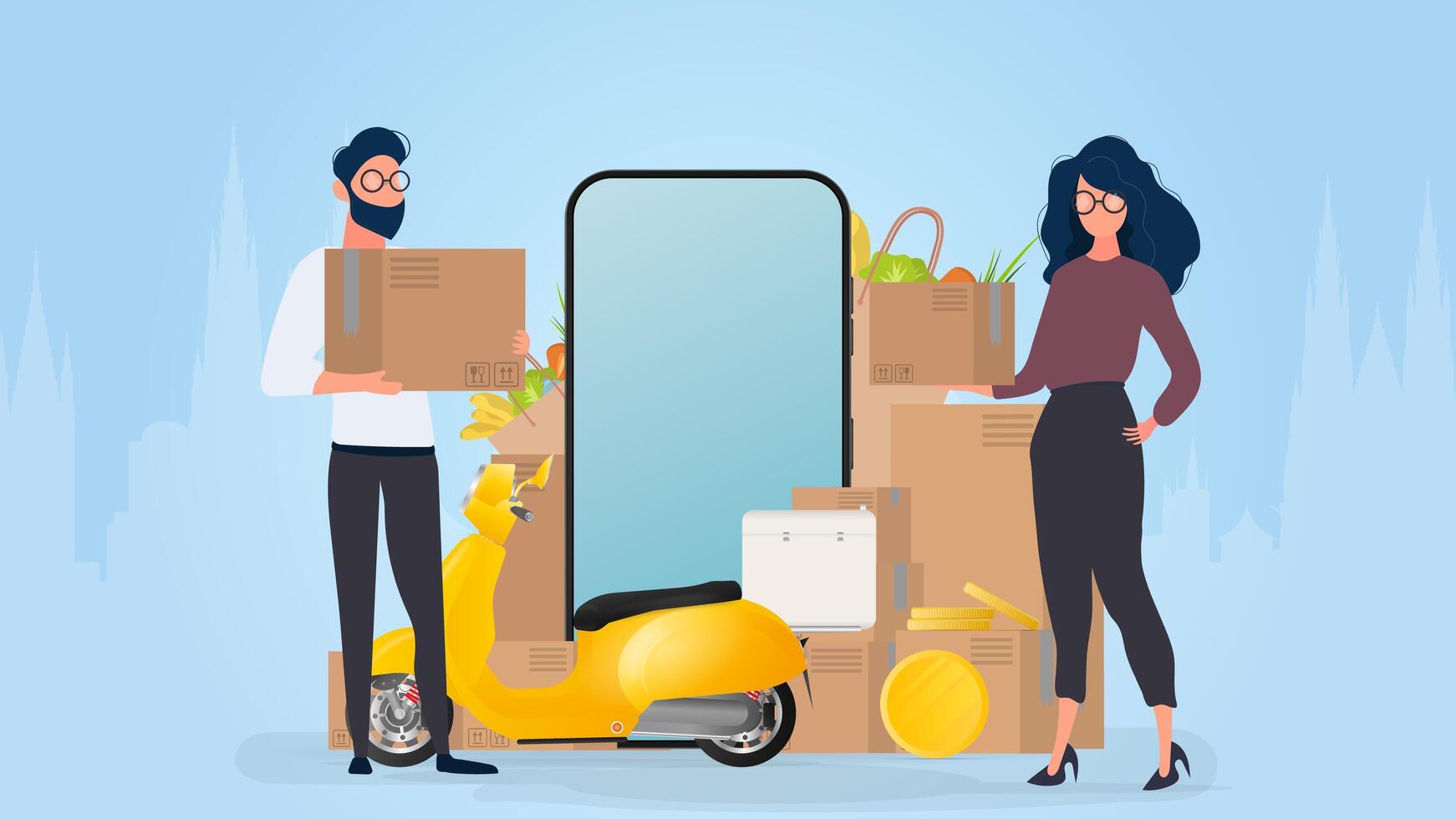 Collage on the theme of delivery. The girl and the guy are holding boxes. Yellow scooter with food shelf, telephone, gold coins, cardboard boxes, paper grocery bag. vector