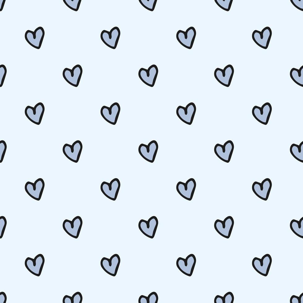 Seamless pattern. Doodle style hand drawn. Nature, animals and elements. Vector illustration. Blue hearts on a light blue background.