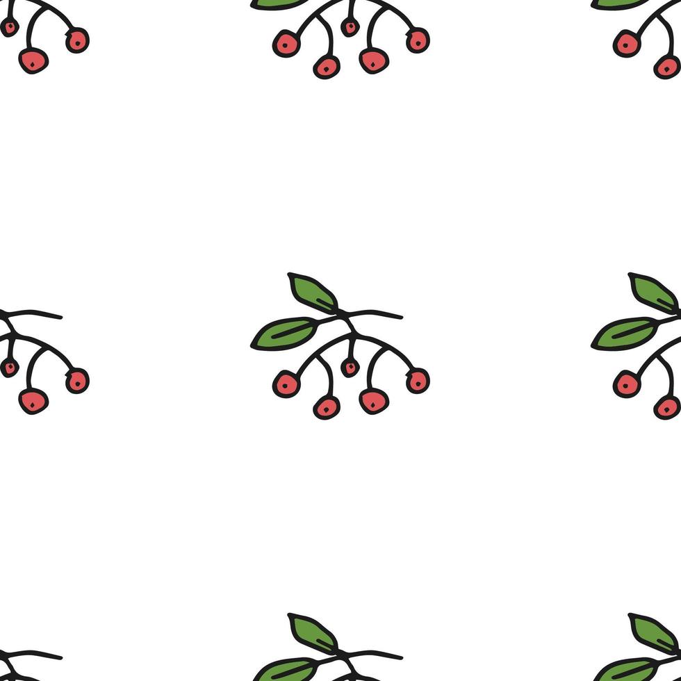 Seamless pattern. Doodle style hand drawn. Nature elements. Vector illustration. Red clusters of mountain ash rowan on a white background.