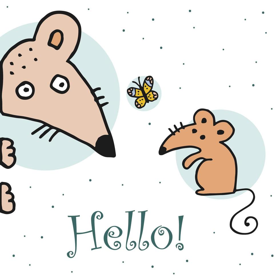 Doodle style hand drawn. Nature, animals and elements. Vector illustration. Two mice are looking at a butterfly. Hello.