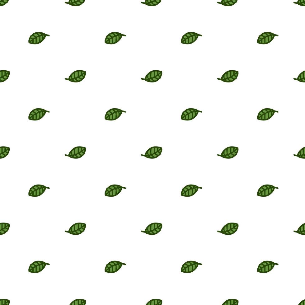 Seamless pattern. Doodle style hand drawn. Nature elements. Vector illustration. Green leaves on a white background.