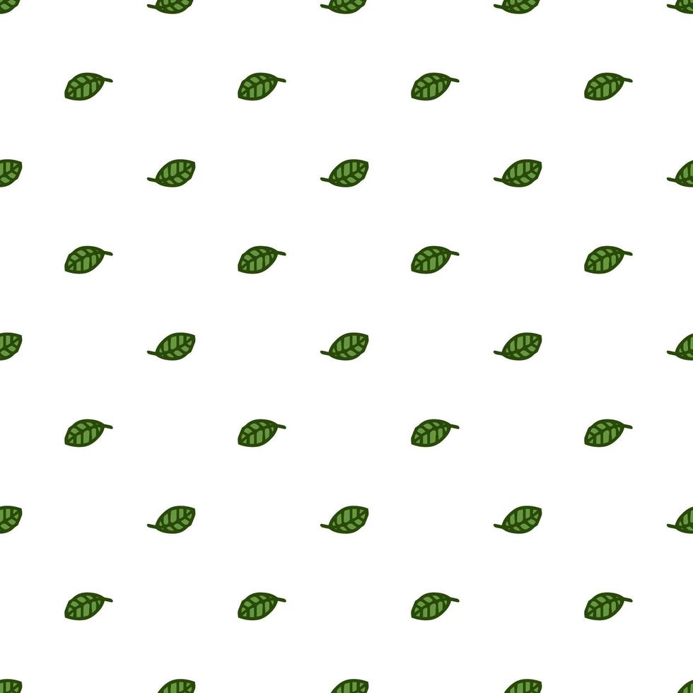 Seamless pattern. Doodle style hand drawn. Nature elements. Vector illustration. Green leaves on a white background.