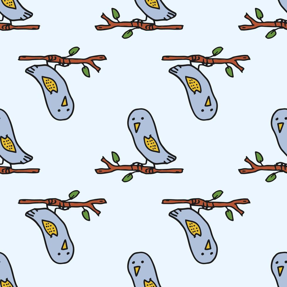 Seamless pattern. Doodle style hand drawn. Nature, animals and elements. Vector illustration. A purple owl sits on a branch on a light blue background.