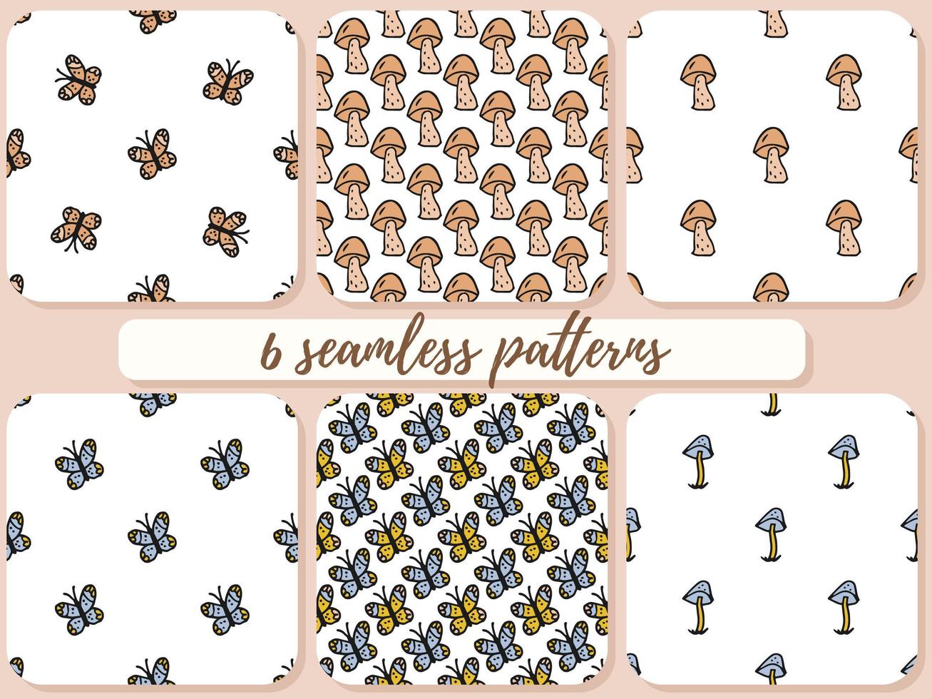 conjunto de 6 patrones sin fisuras. estilo garabato dibujado a mano. naturaleza, animales y elementos. ilustración vectorial colores beige-marrón, amarillo y azul. mariposas, hongos y agáricos de mosca. vector