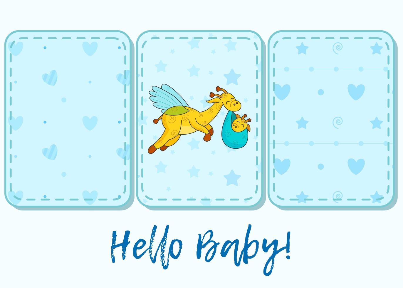 conjunto de 3 patrones y letras. una postal para un recién nacido. jirafa voladora divertida. Hola bebé. felicitaciones por el nacimiento de un niño. certificado de nacimiento. Hola Mundo. vector