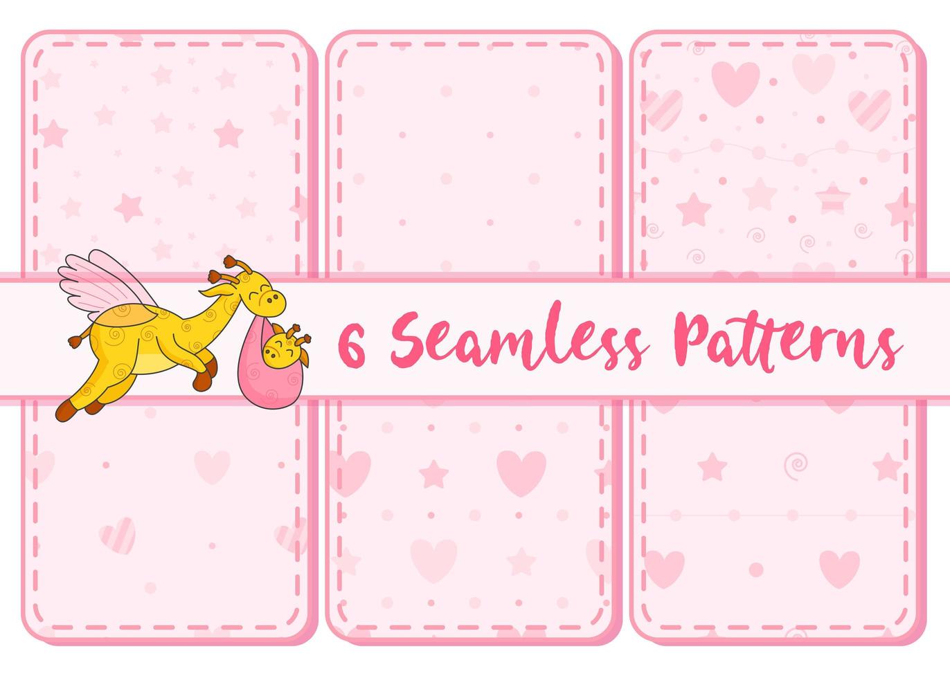 Set of 6 patterns and lettering. A postcard for a newborn. Funny flying giraffe. Hello Baby. Congratulations on the birth of a child. Birth certificate. Hello world. vector