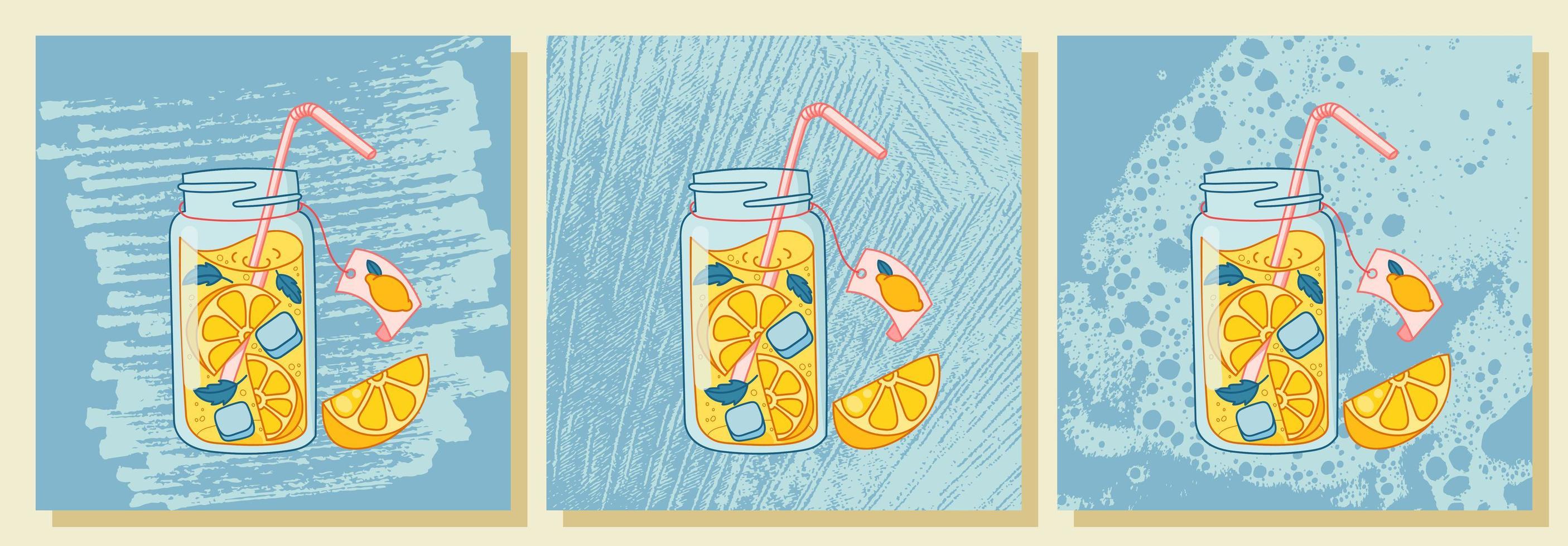 Fresh lemonade with mint and ice cubes. Lemon slices, mint leaves. Vector illustration with textures.