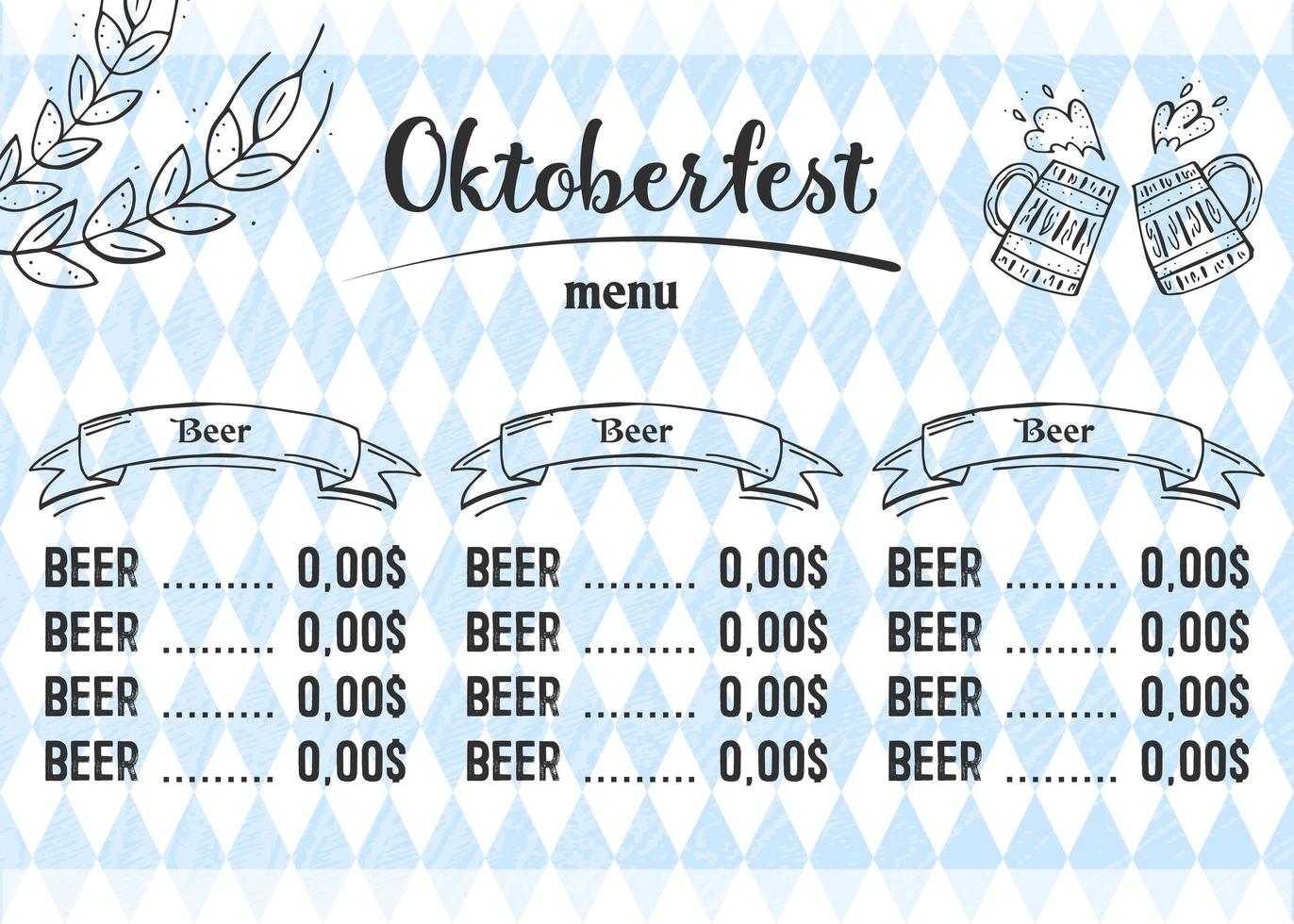 Oktoberfest 2022 - Beer Festival. Hand-drawn Doodle Elements. German Traditional holiday. Octoberfest, Craft Beer. Blue-white rhombus. Horizontal Beer menu. vector