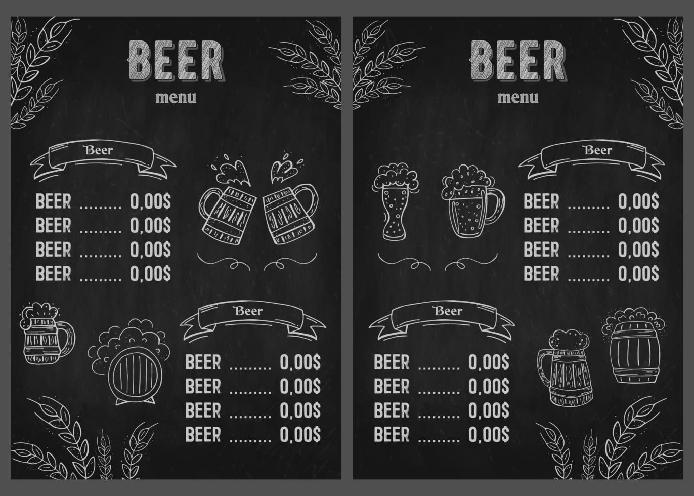 Oktoberfest 2022 - Beer Festival. Hand-drawn Doodle Elements. German Traditional holiday. Octoberfest, Craft Beer. Blue-white rhombus. Chalkboard Vertical Beer Menu. vector