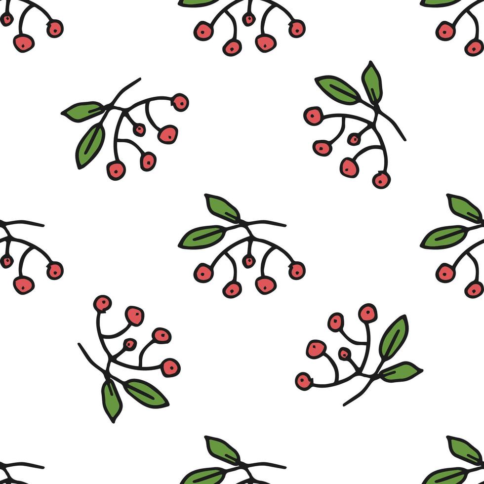 Seamless pattern. Doodle style hand drawn. Nature elements. Vector illustration. Red clusters of mountain ash rowan on a white background.