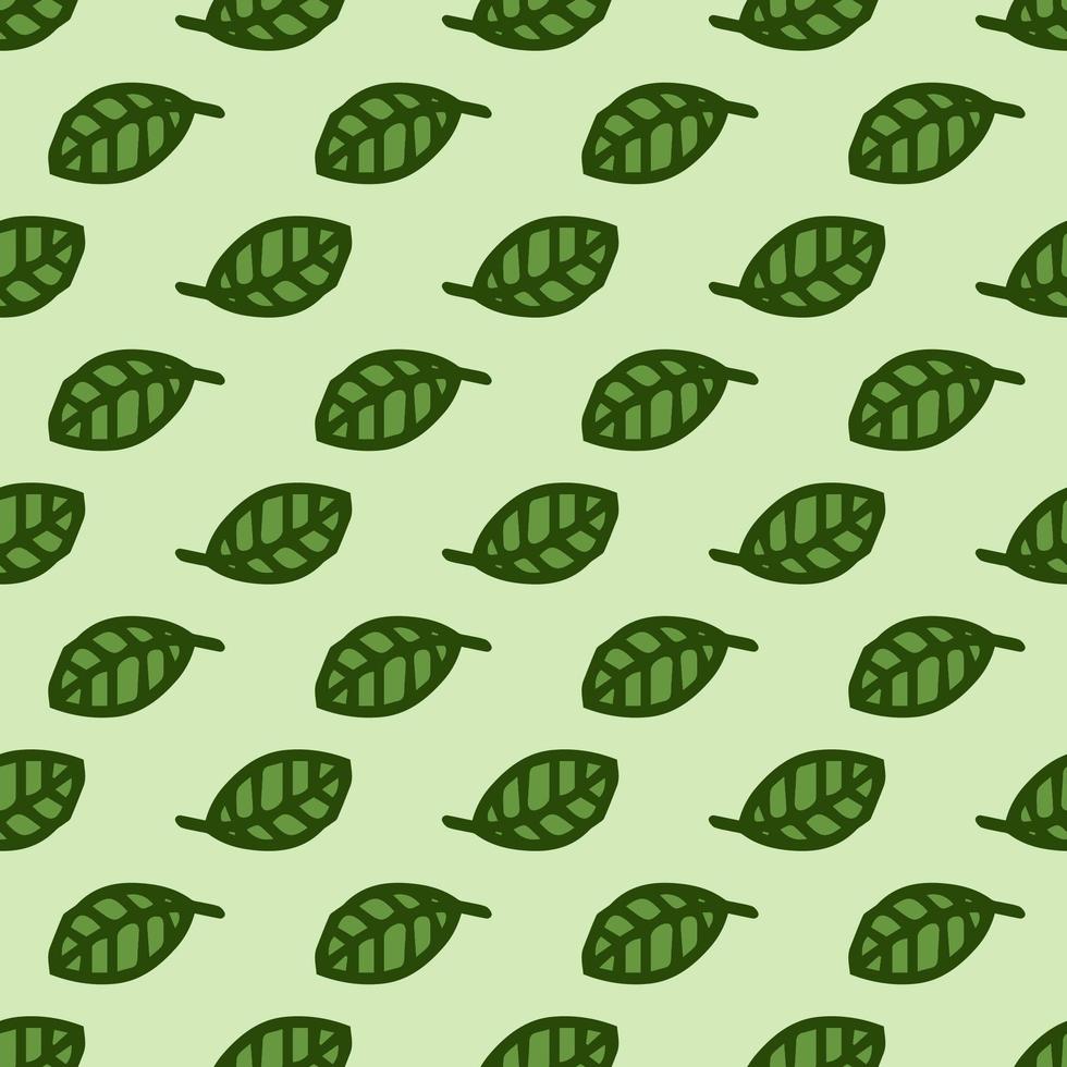 Seamless pattern. Doodle style hand drawn. Nature elements. Vector illustration. Green leaves on a green background.