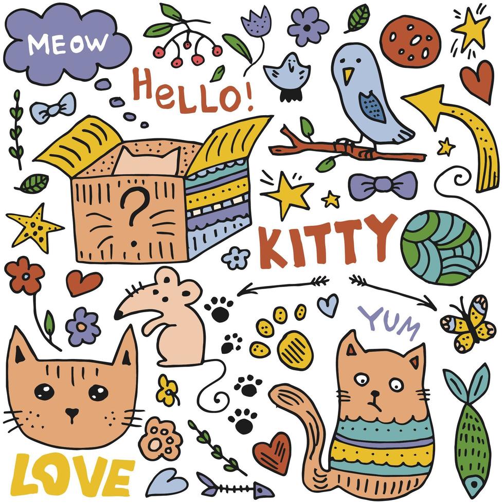 Doodle style hand drawn. Nature, animals and elements. Vector illustration. Cat life. Colorful illustration.