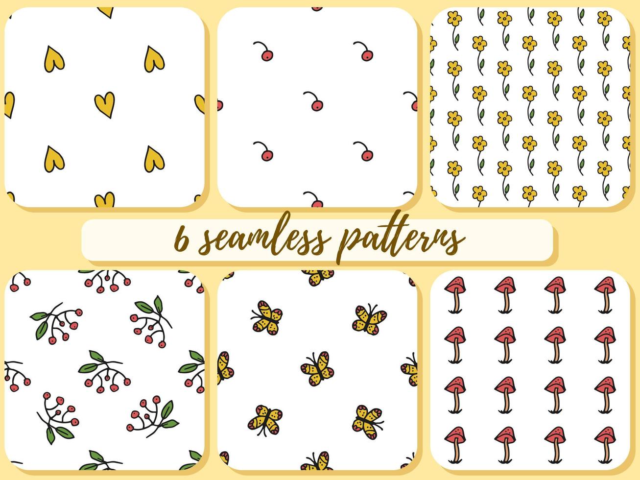 Set of 6 seamless pattern. Doodle style hand drawn. Nature, animals and elements. Vector illustration. Yellow hearts, flowers and butterflies. Red cranberries, rowan mountain ash and fly agarics.