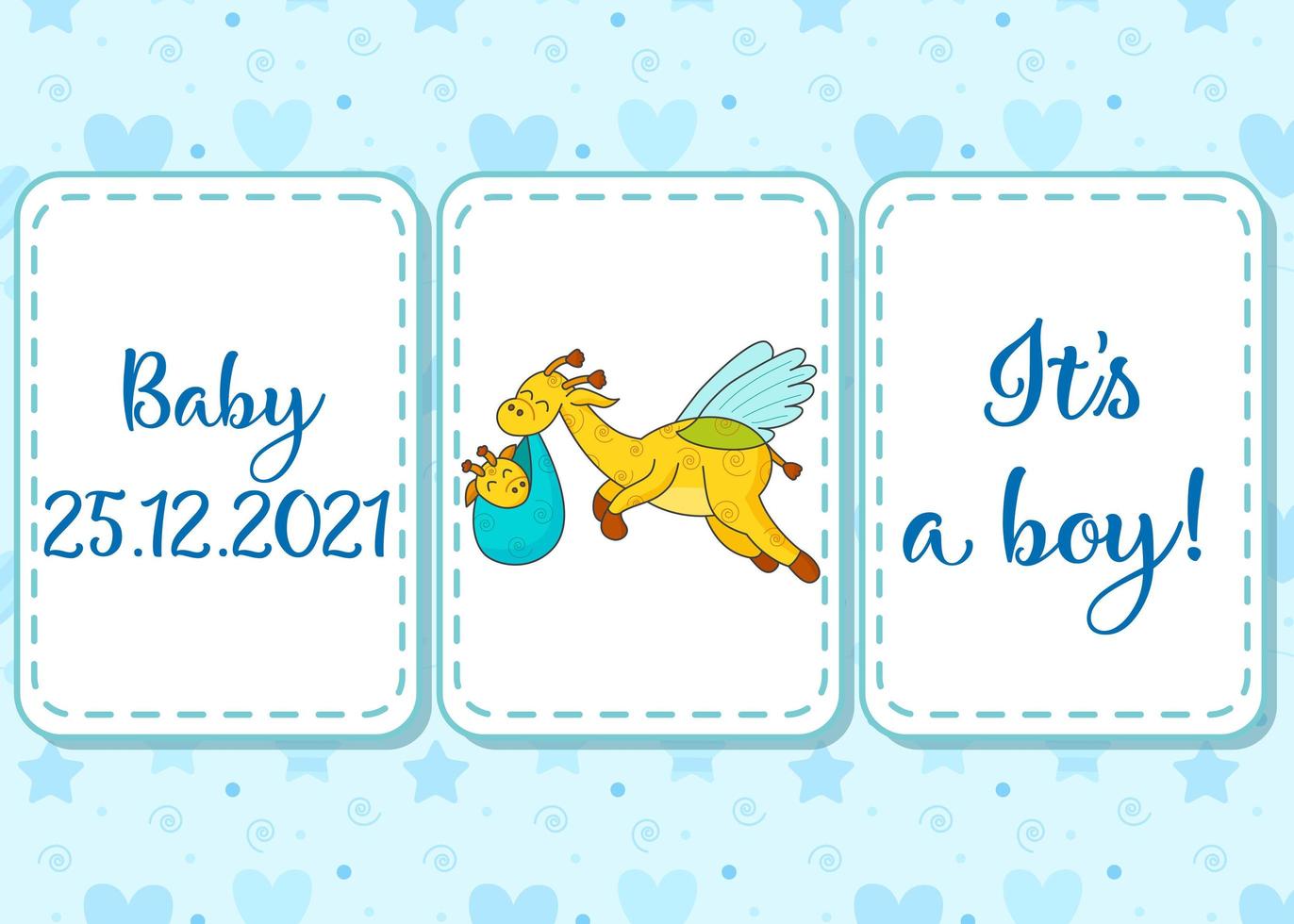 Seamless pattern and lettering. A postcard for a newborn. Funny flying giraffe. Hello Baby. Congratulations on the birth of a child. Birth certificate. Hello world. vector