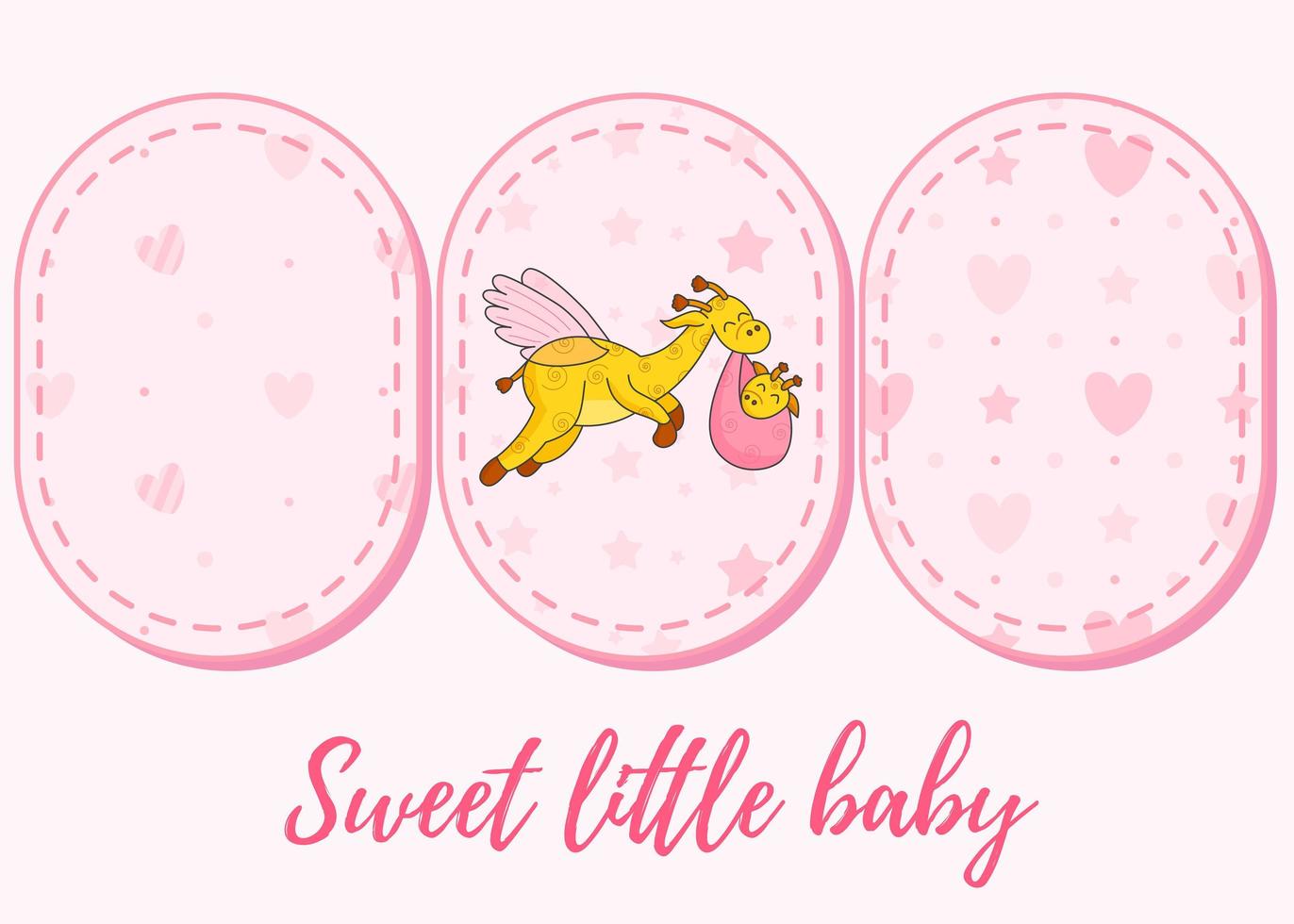 Set of 3 patterns and lettering. A postcard for a newborn. Funny flying giraffe. Hello Baby. Congratulations on the birth of a child. Birth certificate. Hello world. vector