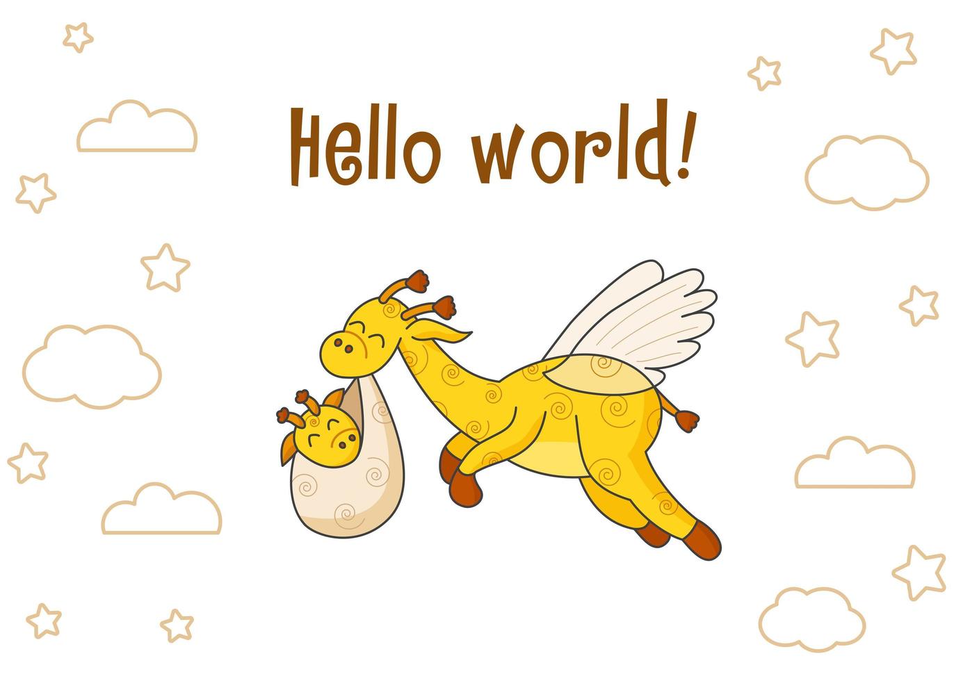 A postcard for a newborn. Funny flying giraffe. Hello Baby. Congratulations on the birth of a child. Birth certificate. Hello world. vector