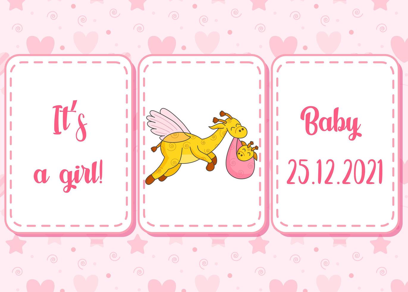 Seamless pattern and lettering. A postcard for a newborn. Funny flying giraffe. Hello Baby. Congratulations on the birth of a child. Birth certificate. Hello world. vector