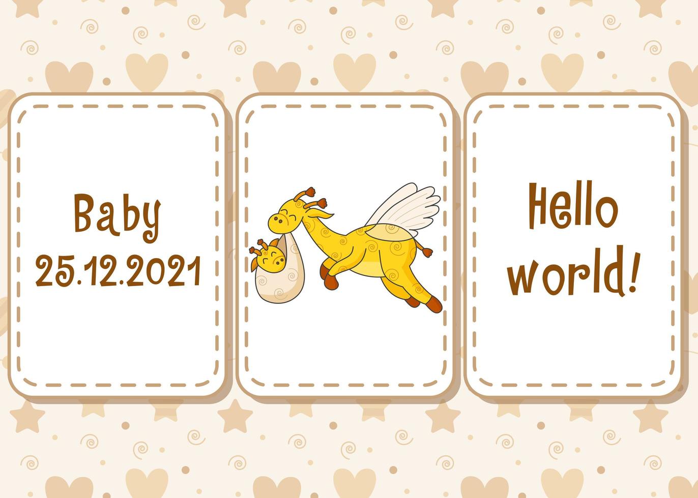 Seamless pattern and lettering. A postcard for a newborn. Funny flying giraffe. Hello Baby. Congratulations on the birth of a child. Birth certificate. Hello world. vector