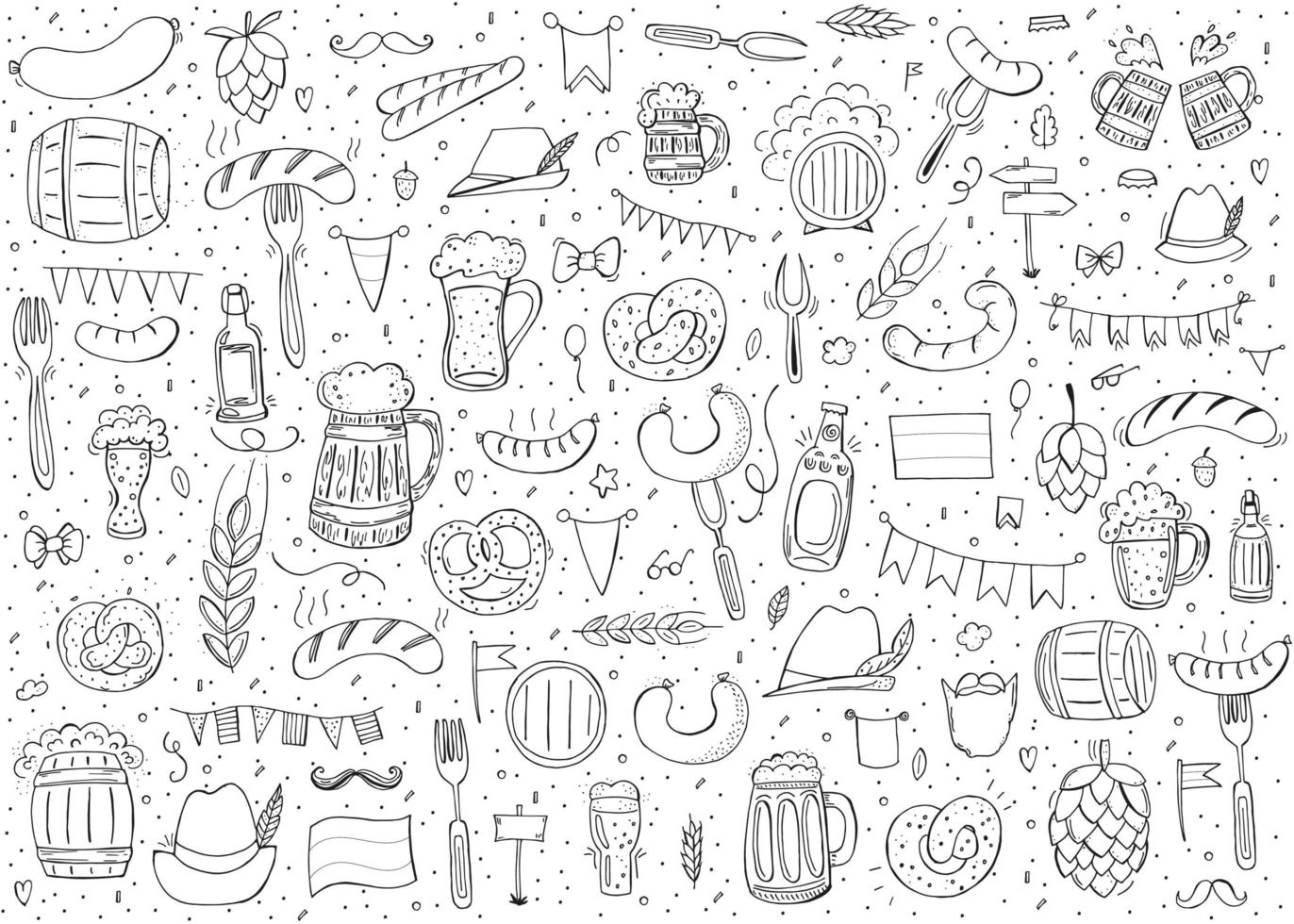 Oktoberfest 2022 - Beer Festival. Hand-drawn Doodle Elements. German Traditional holiday. Octoberfest, Craft Beer. Blue-white rhombus. Set of elements. vector