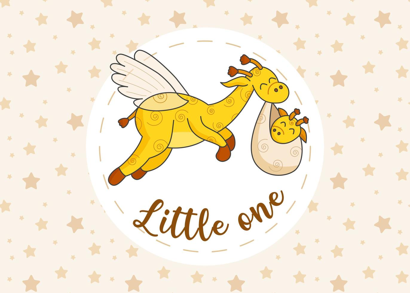 A postcard for a newborn. Funny flying giraffe. Hello Baby. Congratulations on the birth of a child. Birth certificate. Hello world. vector