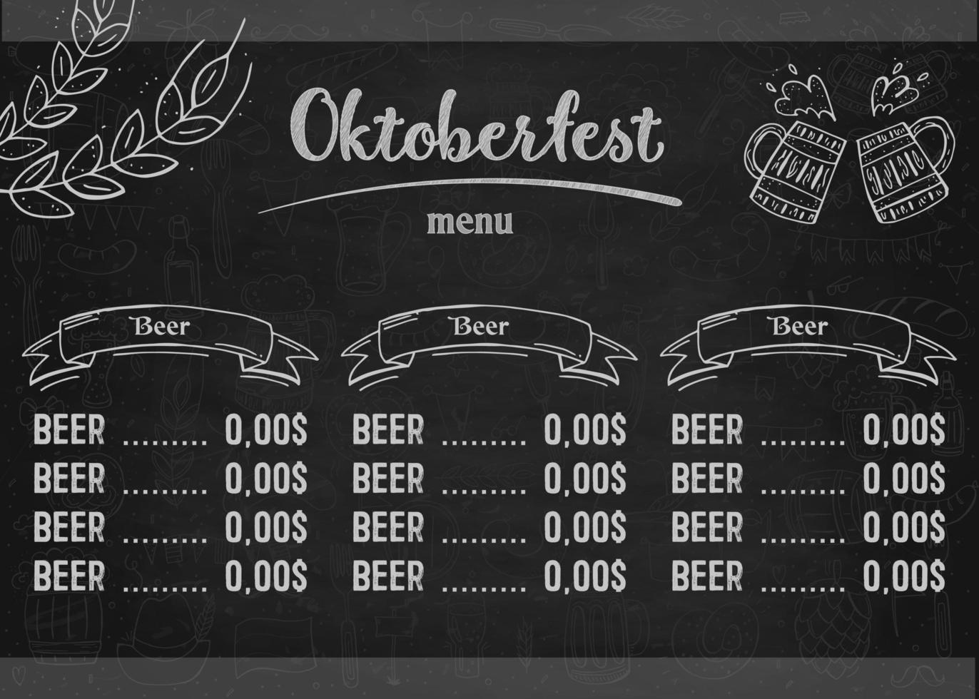 Oktoberfest 2022 - Beer Festival. Hand-drawn Doodle Elements. German Traditional holiday. Octoberfest, Craft Beer. Blue-white rhombus. Horizontal Beer menu. vector