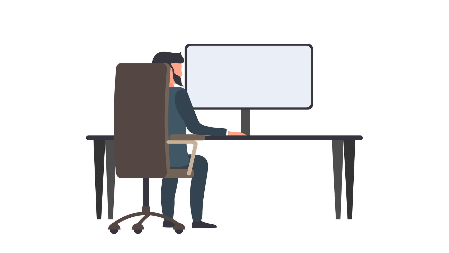 A man works on a computer. A man sits at a desk looking from the back. Isolated. . vector