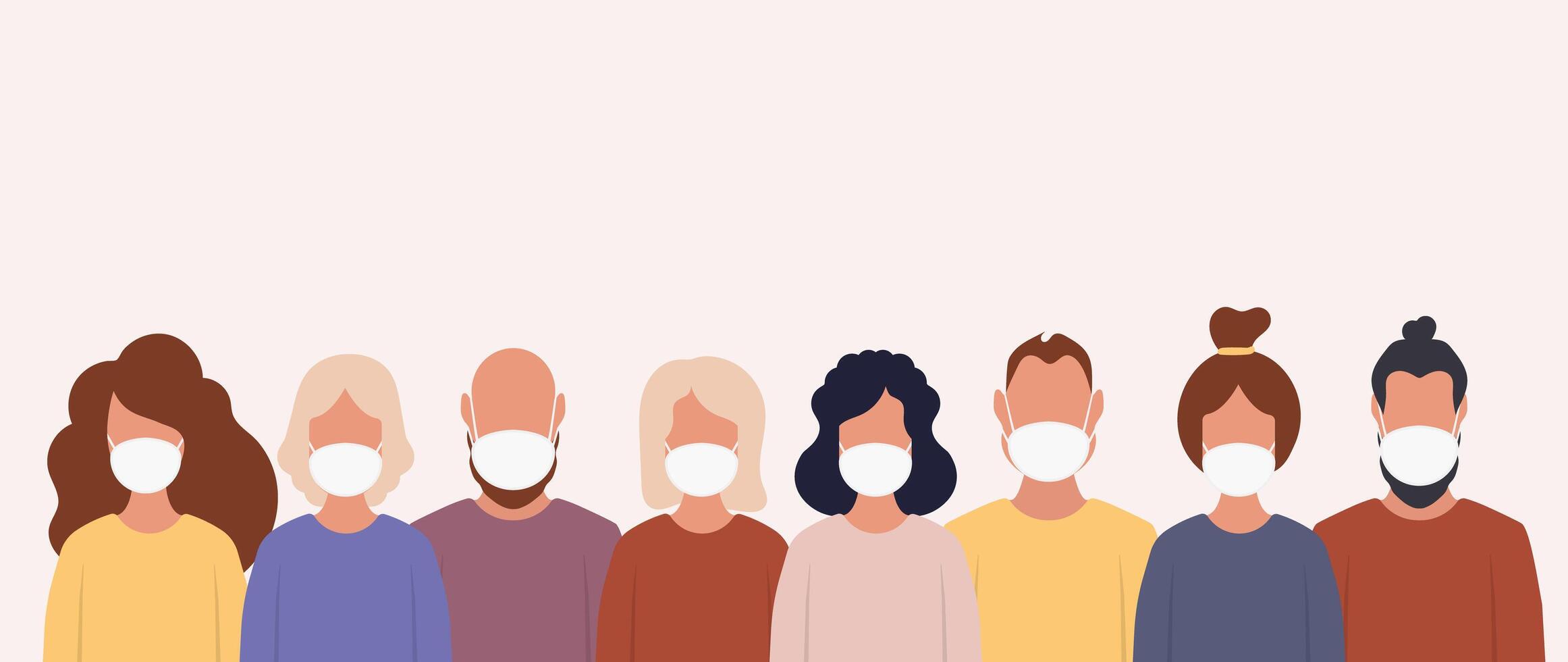 People wearing masks in a line, with a white background vector