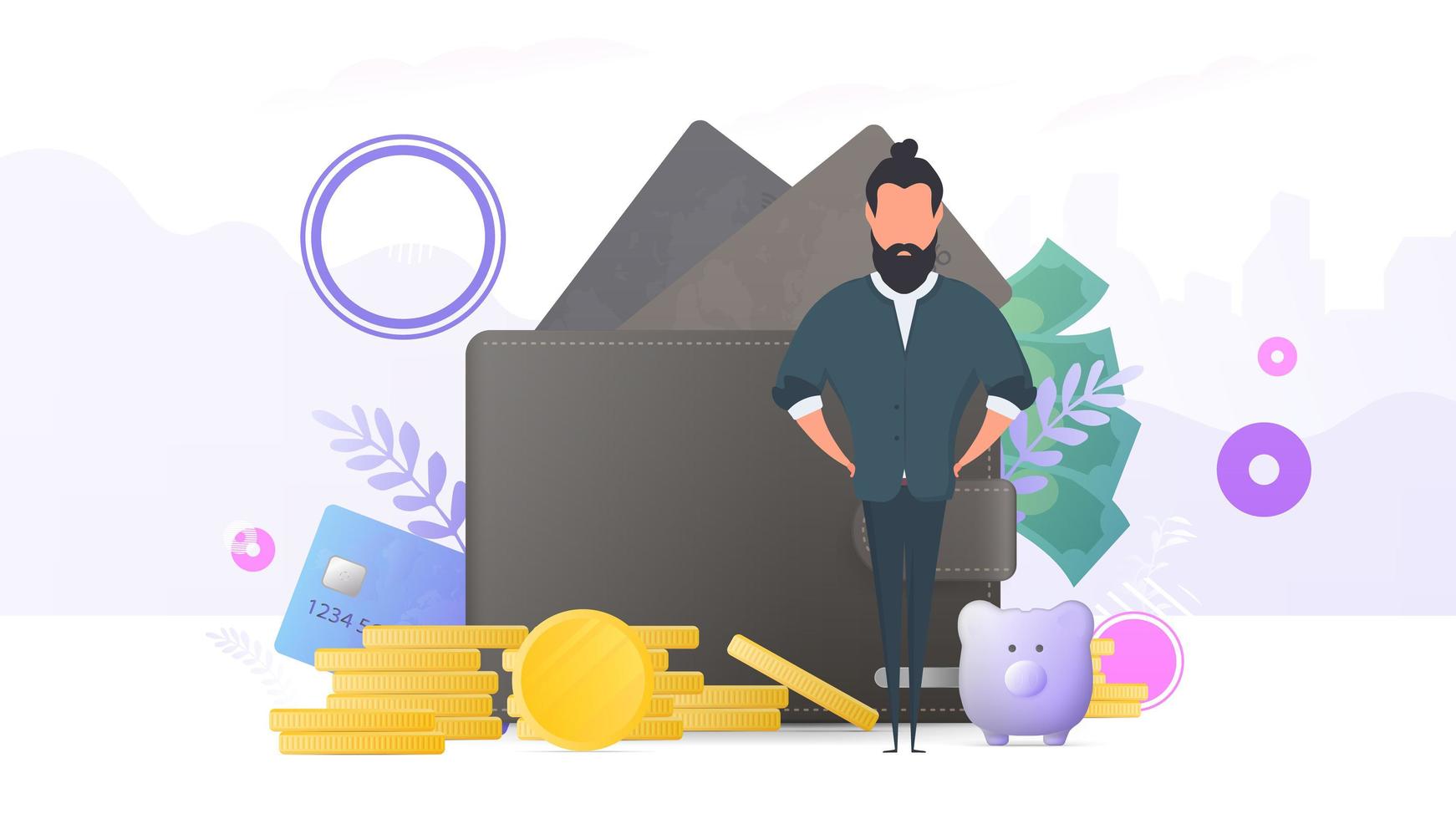 Successful businessman. Big wallet, credit card, gold coins, dollars. Concept of profit, cashback or wealth. Banner on the theme of finance. Vector. vector