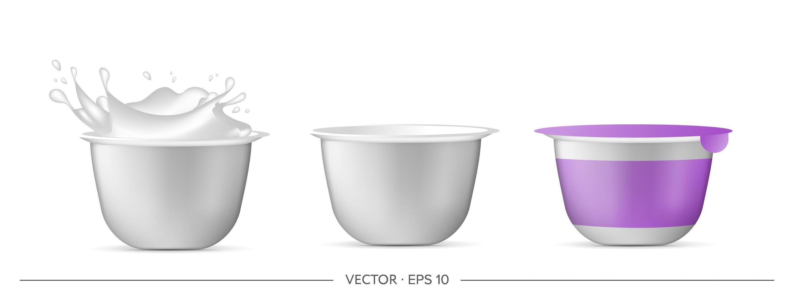 Set of plastic cups for yogurt. Isolated on a white background. Vector illustration.