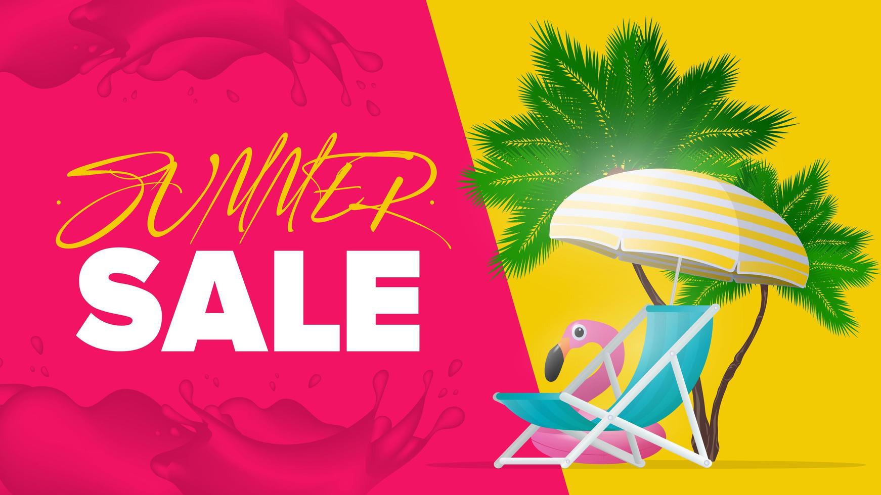 Summer time sale. Deck chair and sun umbrella with yellow stripes isolated on white background. Palm trees and pink flamingo swimming circle. Vector illustration