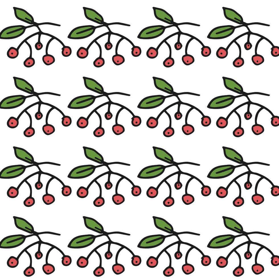 Seamless pattern. Doodle style hand drawn. Nature elements. Vector illustration. Red clusters of mountain ash rowan on a white background.