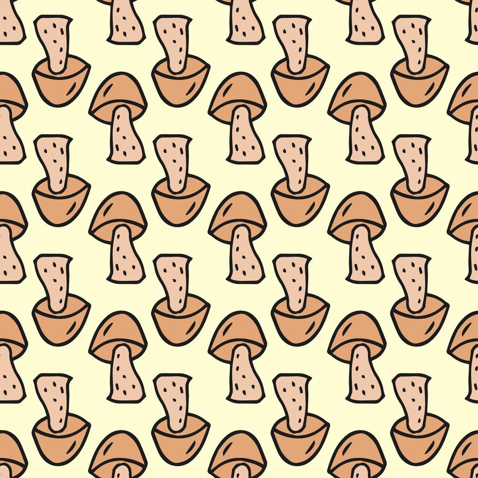 Seamless pattern. Doodle style hand drawn. Nature, animals and elements. Vector illustration. Beige mushrooms on a light yellow background.