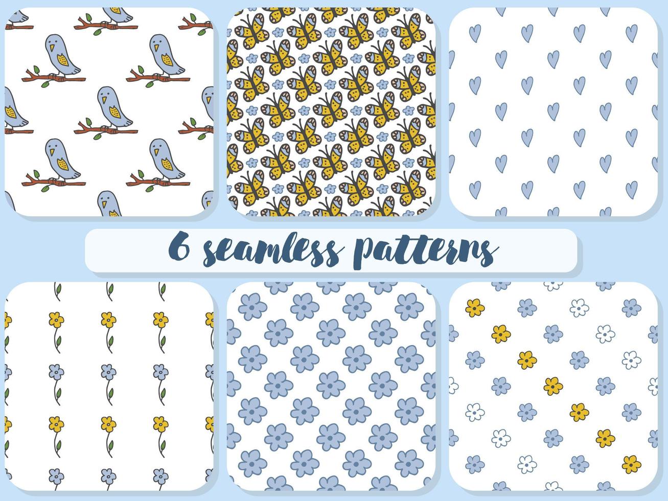 Set of 6 seamless pattern. Doodle style hand drawn. Nature, animals and elements. Vector illustration. Blue owls on the branch, flowers and hearts. Yellow butterfly and white flowers with a leaves.