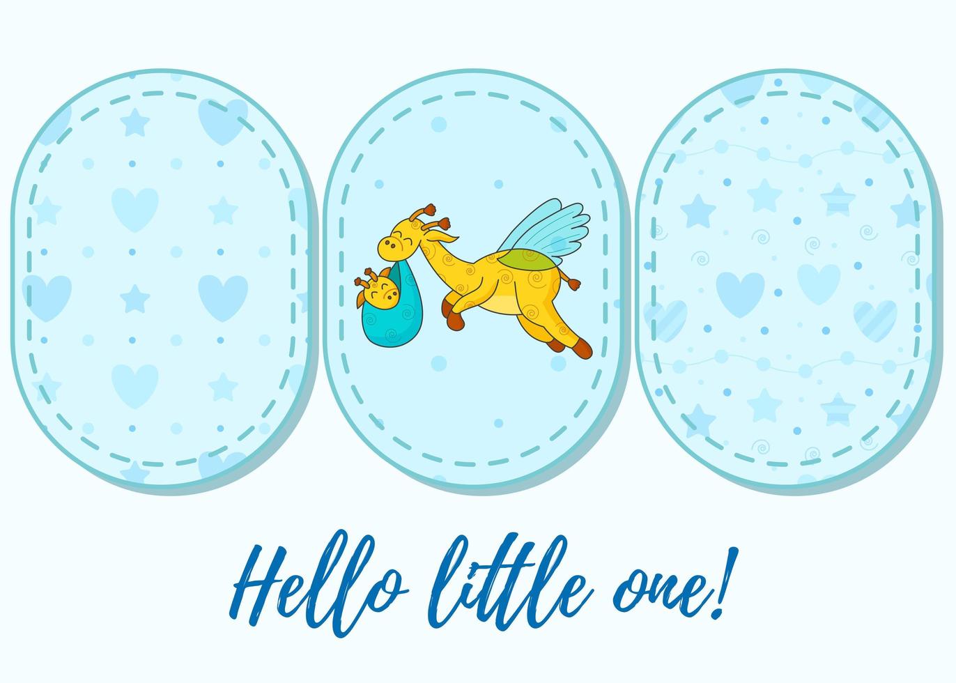 conjunto de 3 patrones y letras. una postal para un recién nacido. jirafa voladora divertida. Hola bebé. felicitaciones por el nacimiento de un niño. certificado de nacimiento. Hola Mundo. vector