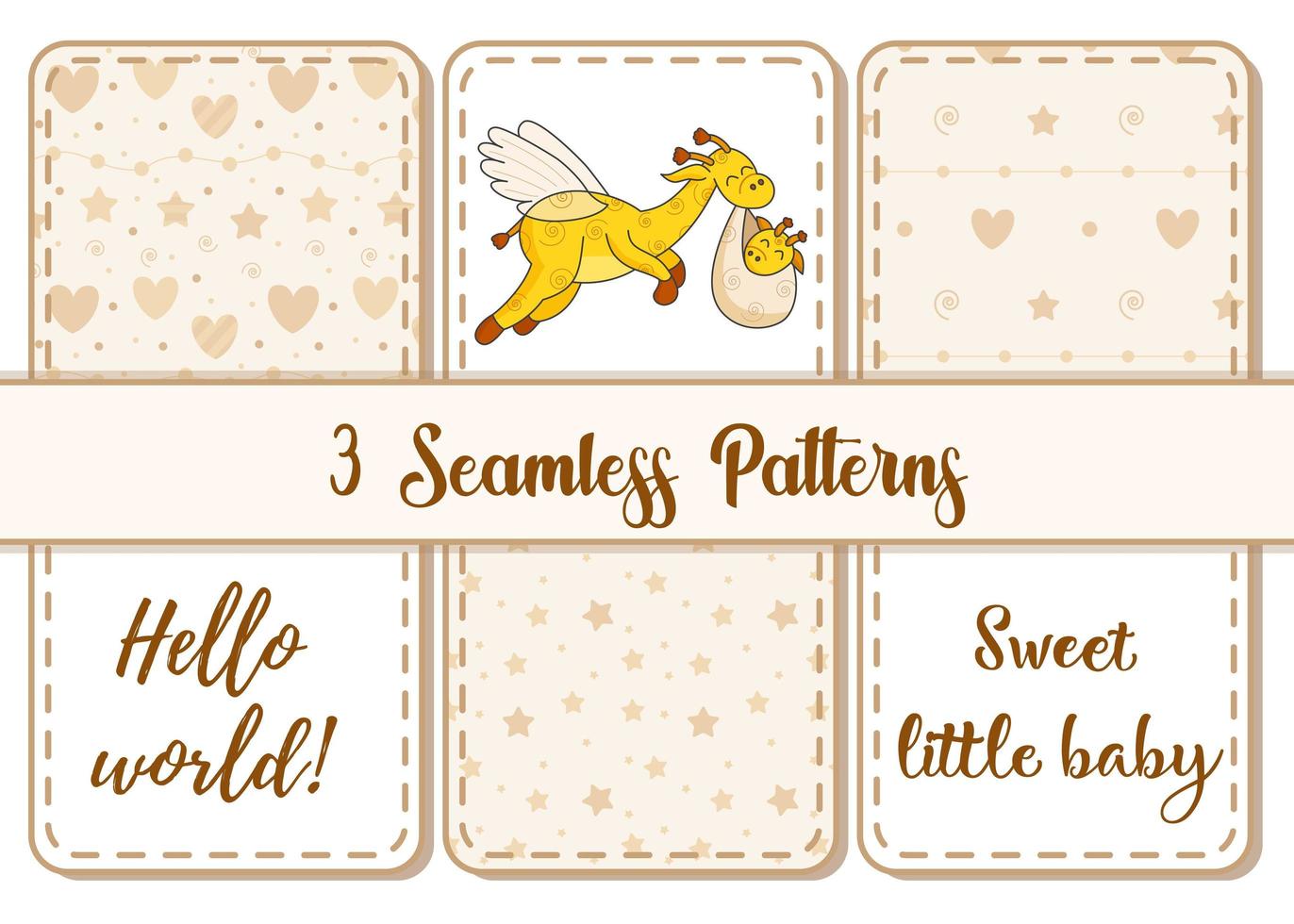 Set of 3 patterns and lettering. A postcard for a newborn. Funny flying giraffe. Hello Baby. Congratulations on the birth of a child. Birth certificate. Hello world. vector