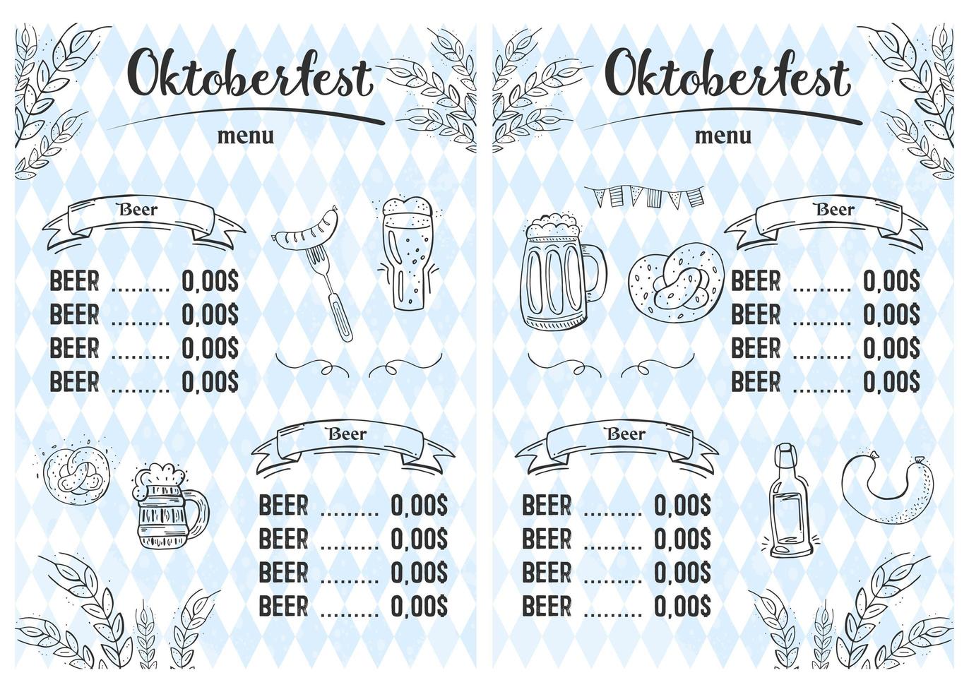 oktoberfest 2022 - fiesta de la cerveza. elementos de fideos dibujados a mano. fiesta tradicional alemana. festival de octubre, cerveza artesanal. rombo azul-blanco. menú de cerveza vertical. vector