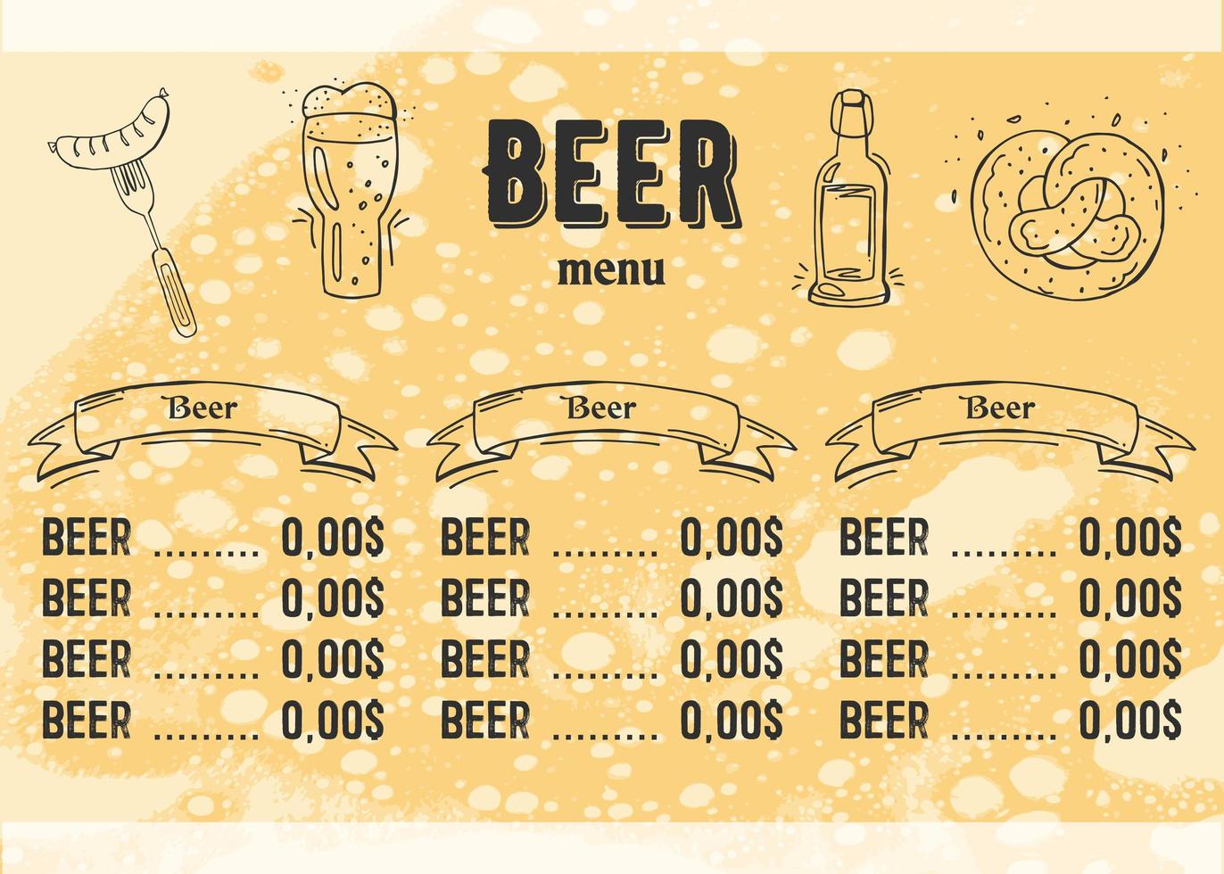 Oktoberfest 2022 - Beer Festival. Hand-drawn Doodle Elements. German Traditional holiday. Octoberfest, Craft Beer. Blue-white rhombus. Horizontal Beer menu. vector