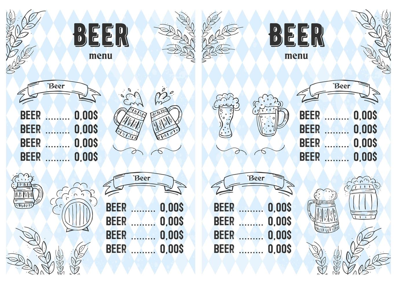 Oktoberfest 2022 - Beer Festival. Hand-drawn Doodle Elements. German Traditional holiday. Octoberfest, Craft Beer. Blue-white rhombus. Vertical Beer Menu. vector