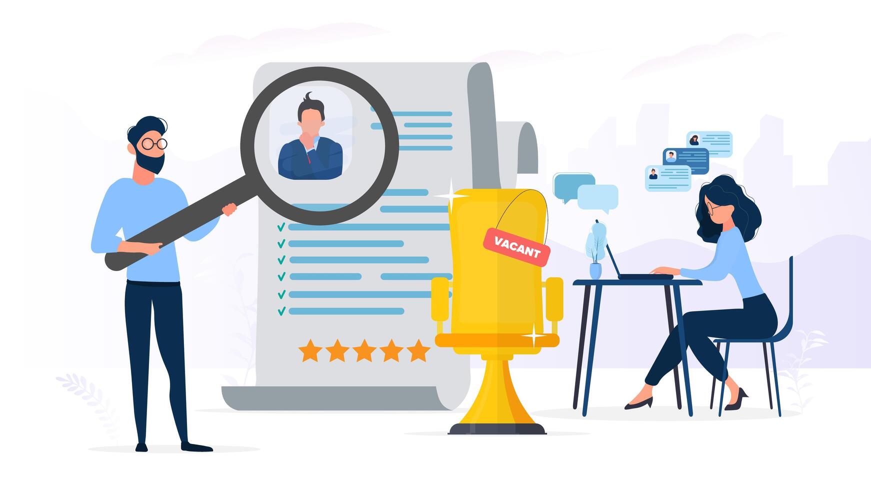 Vacant place. The guy under the magnifying glass reviews the resume. The girl at the computer is looking for new employees. The concept of finding people for work. vector