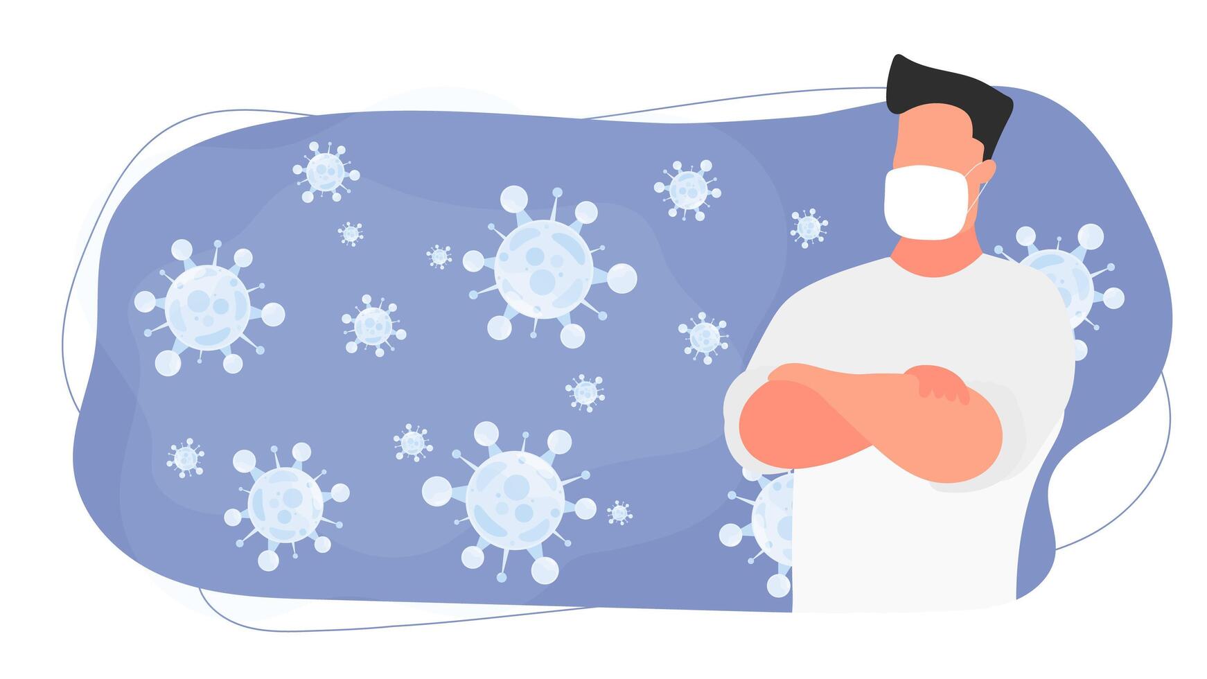 A medic in a white suit is surrounded by a virus. Doctor in a medical mask. Coronavirus molecule close up. Vector. vector