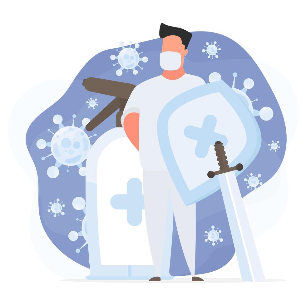 A medic in a white suit with a shield and a sword. A doctor in a medical mask surrounded by virus molecules. Spray. Disinfectant in flat style. Vector. vector