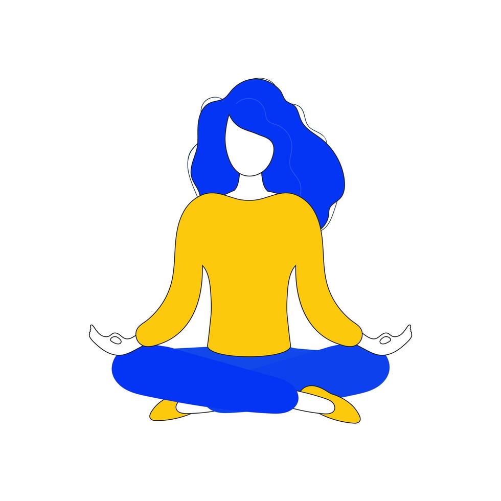 The girl is meditating. The woman is engaged in yoga. Icon for presentation, postcards and applications. Yellow and blue color. Vetkor. vector