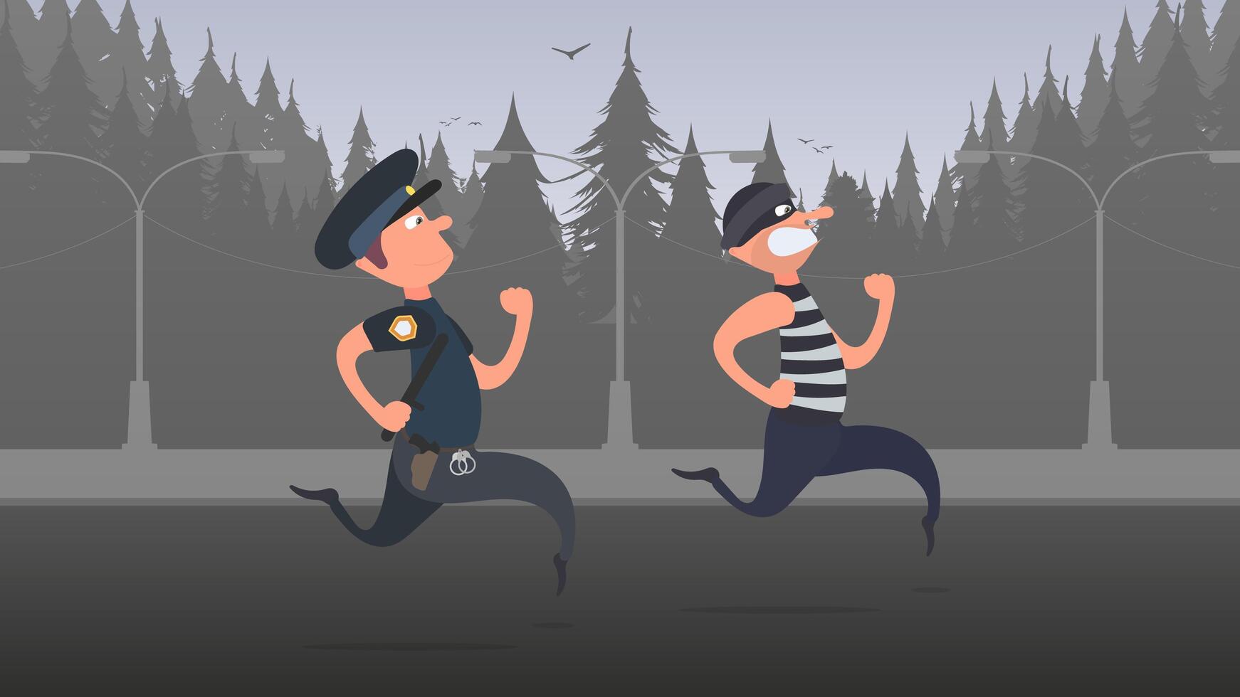 A policeman runs after a thief. A criminal escapes from the policeman. Cartoon style. Vector. vector