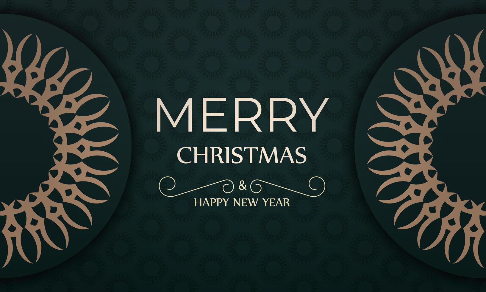 Postcard template Merry Christmas and Happy New Year in dark green color with vintage yellow ornament vector