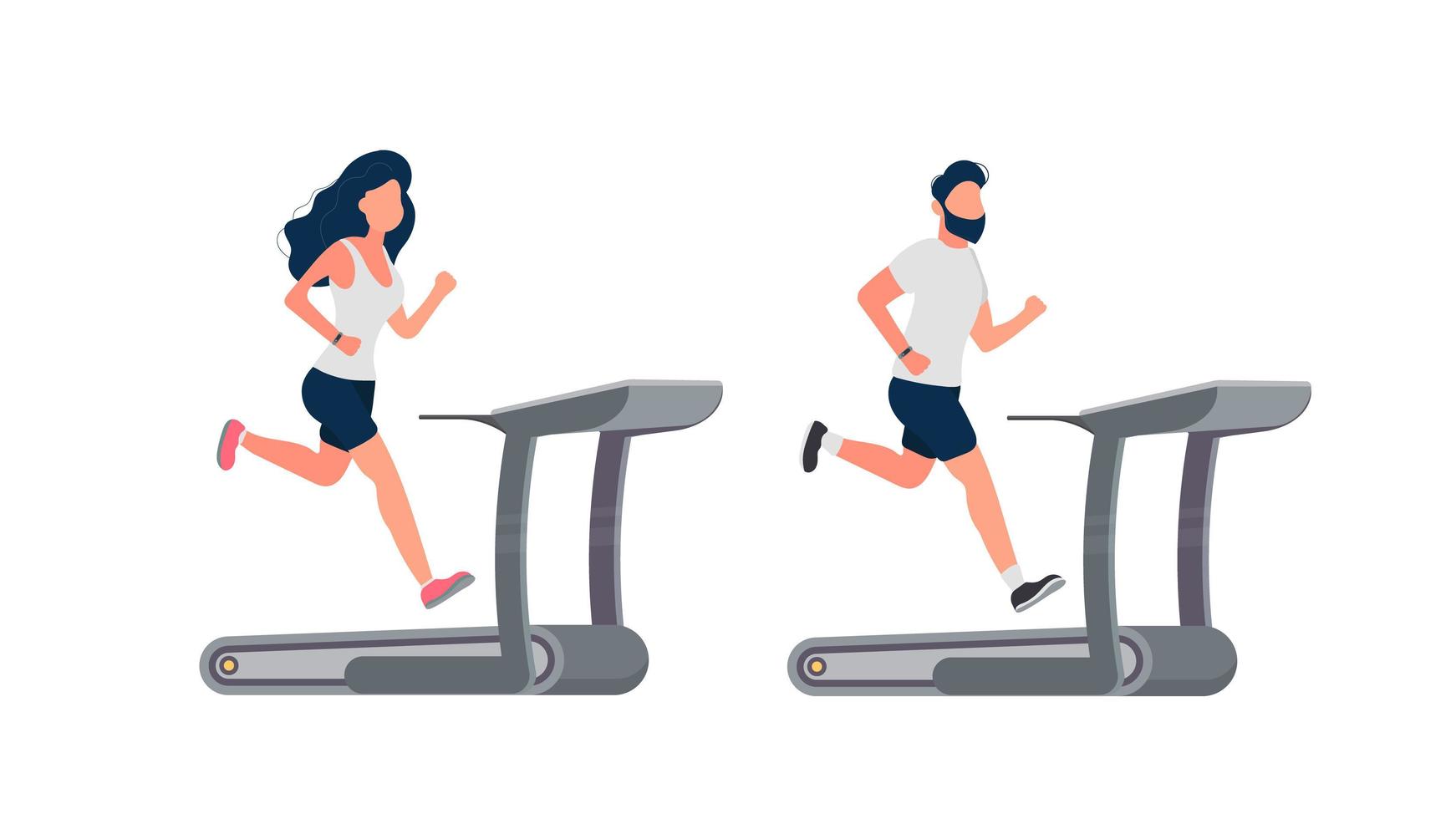 Set of running people. A guy and a girl are running on a simulator. Treadmill. Isolated. Vector. vector