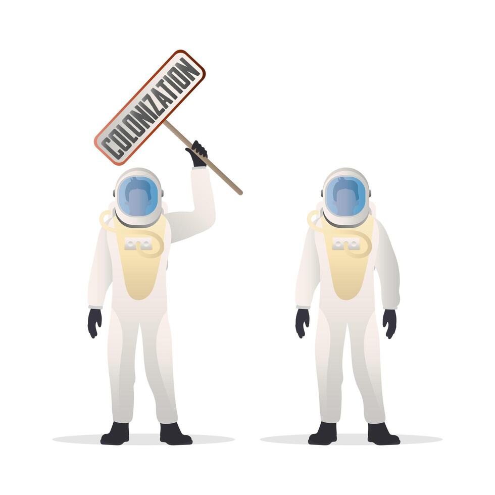 The astronaut in a protective suit. The astronaut is holding a colonization sign in his hands. Suitable for space flight theme. Isolated. Vector. vector